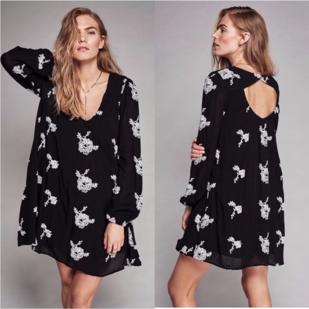 Free People Emma Embroidered Boho Black White Relaxed Peasant Dress Size…